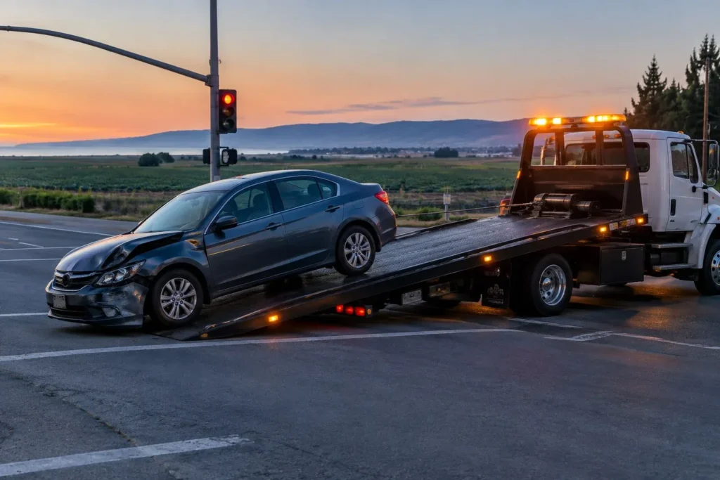 flatbed tow truck loading a damaged car after a collision at a Watsonville CA intersection with hazard lights on