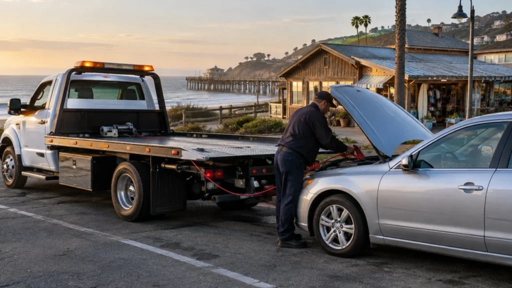 Tow truck providing roadside assistance to a sedan on Capitola Avenue near Capitola Village