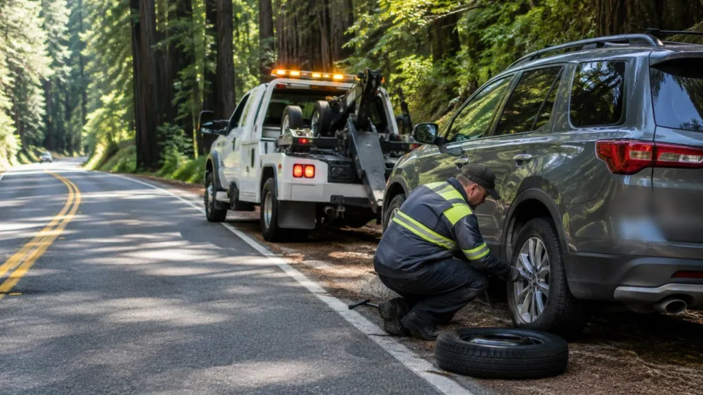 Service truck giving roadside assistance to a car on the shoulder of Highway 9 near Felton under redwoods