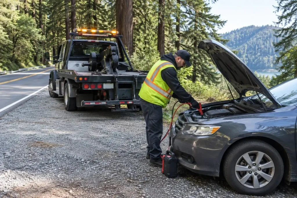 roadside technician jump starting a car in a Highway 17 turnout above Scotts Valley CA with redwoods behind