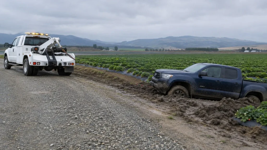 Tow truck winching a pickup out of a muddy farm road edge near Watsonville in the Pajaro Valley